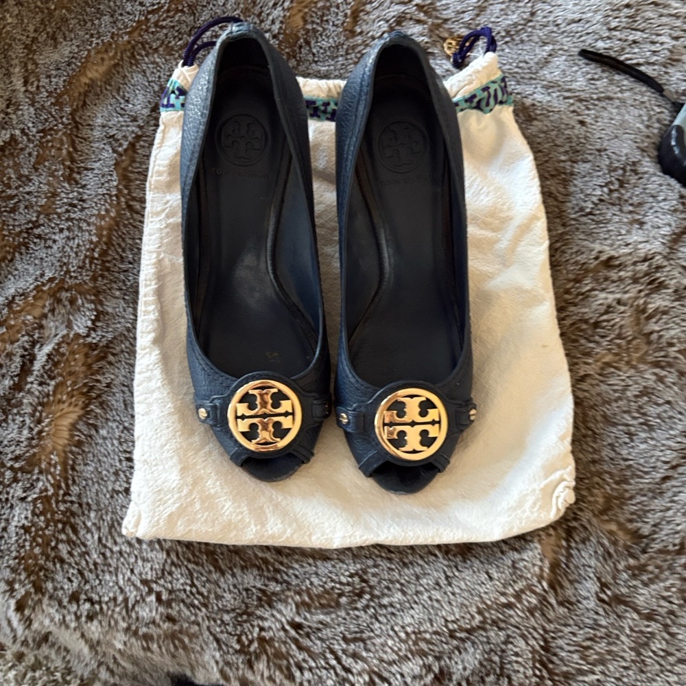 Tory Burch Navy Peep-Toe Wedge with Gold Logo